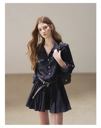AOMALM - "Moonlight Sinks into the Sea" High-Intellect Utility Shirt Dress (Plain White / Navy Blue, with Belt & Optional Shawl)