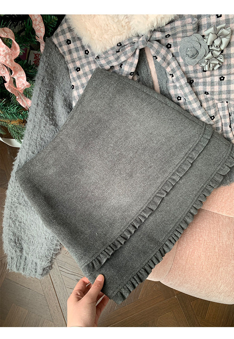 阮阮自制 - Soft Ruffle Dark Gray Tweed Skirt