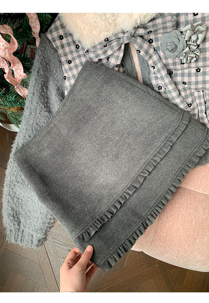 阮阮自制 - Soft Ruffle Dark Gray Tweed Skirt