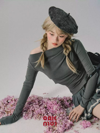 OAKMOO/ Gray Off-Shoulder Knit Top
