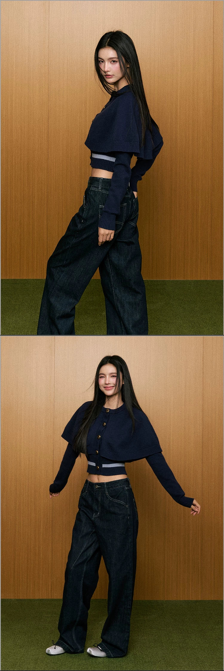 "First Bloom" Cable Knit Cape Cardigan (Ivory/ Navy)