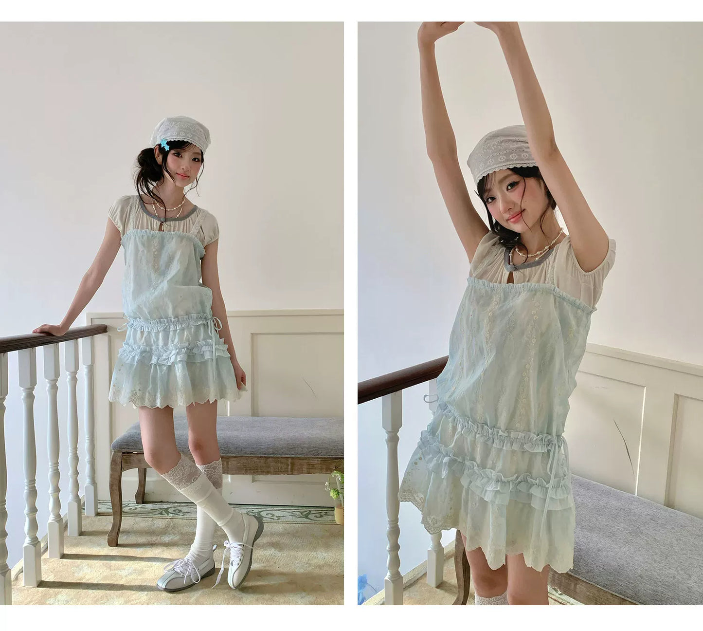 “Summer Dreamloom” Blue Lace Tiered Dress Set (Inner Top + Slip Dress)