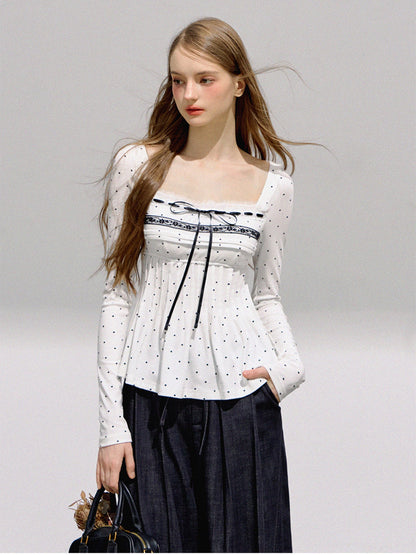 BOHOL BLING - French Sweetheart Polka Dot Top + Square Neck Black Cardigan