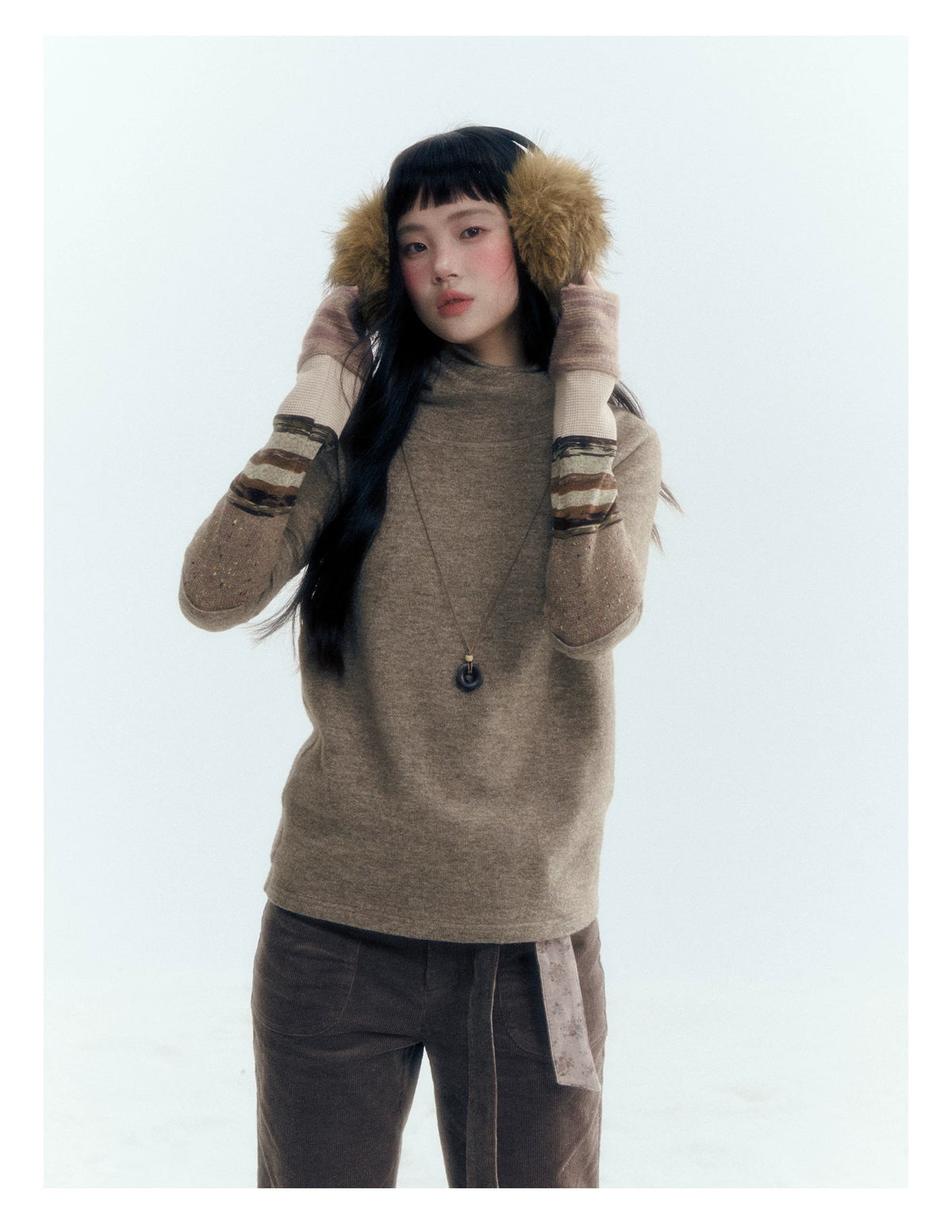 Horridale - Light Brown Colorblock High Cowl Neck Long Sleeve Top