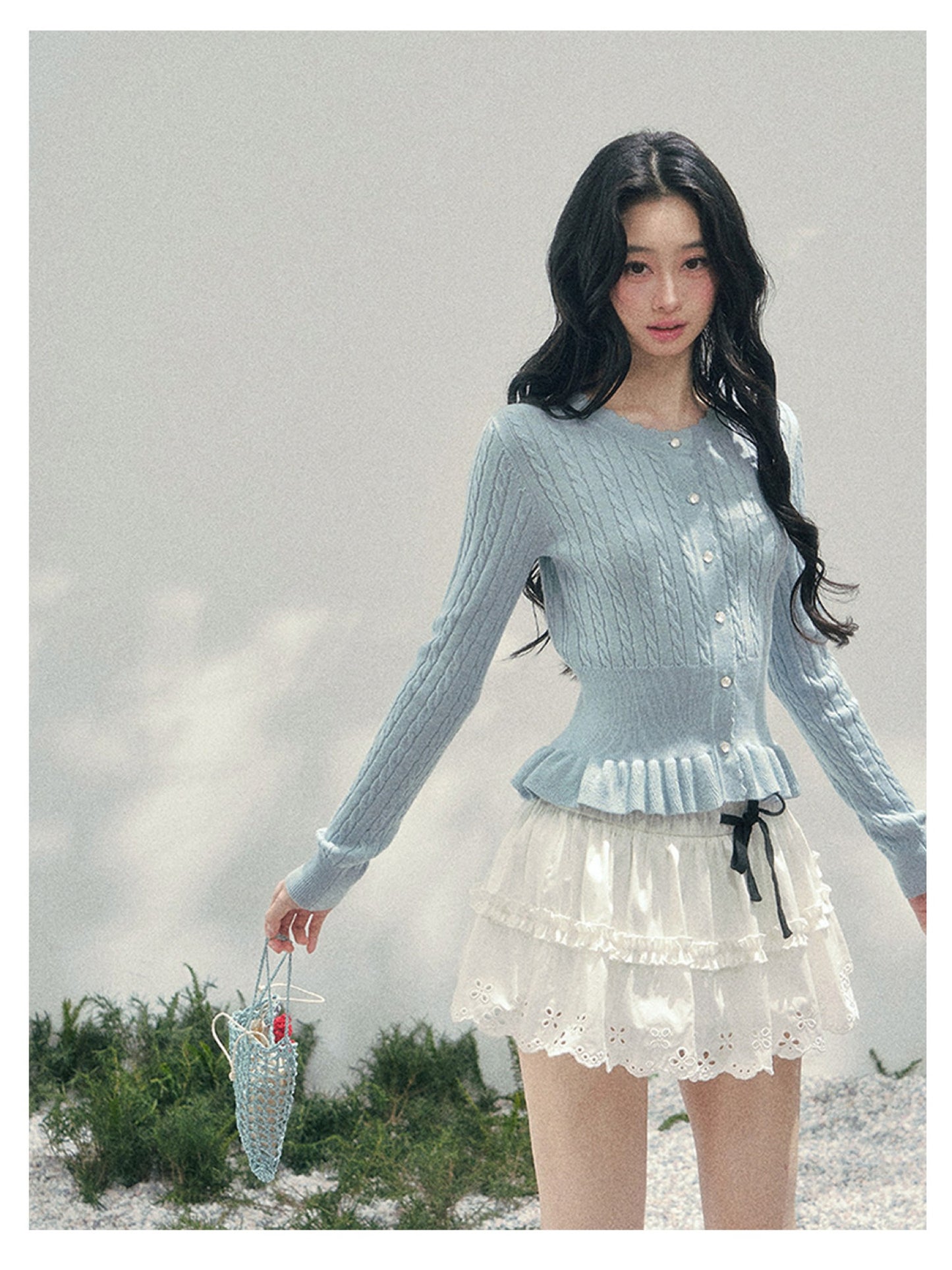 少也眼 “Pearl Whisper” Moonlight Blue Cable-Knit Ruffle-Hem Cropped Cardigan 626586578