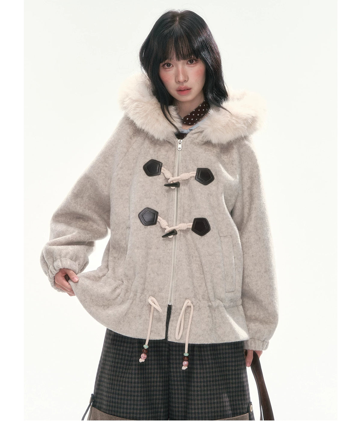 CAN - "Frosted Cloud Reverie" Beige Gray Detachable Faux-Fur Collar Wool-Blend Jacket