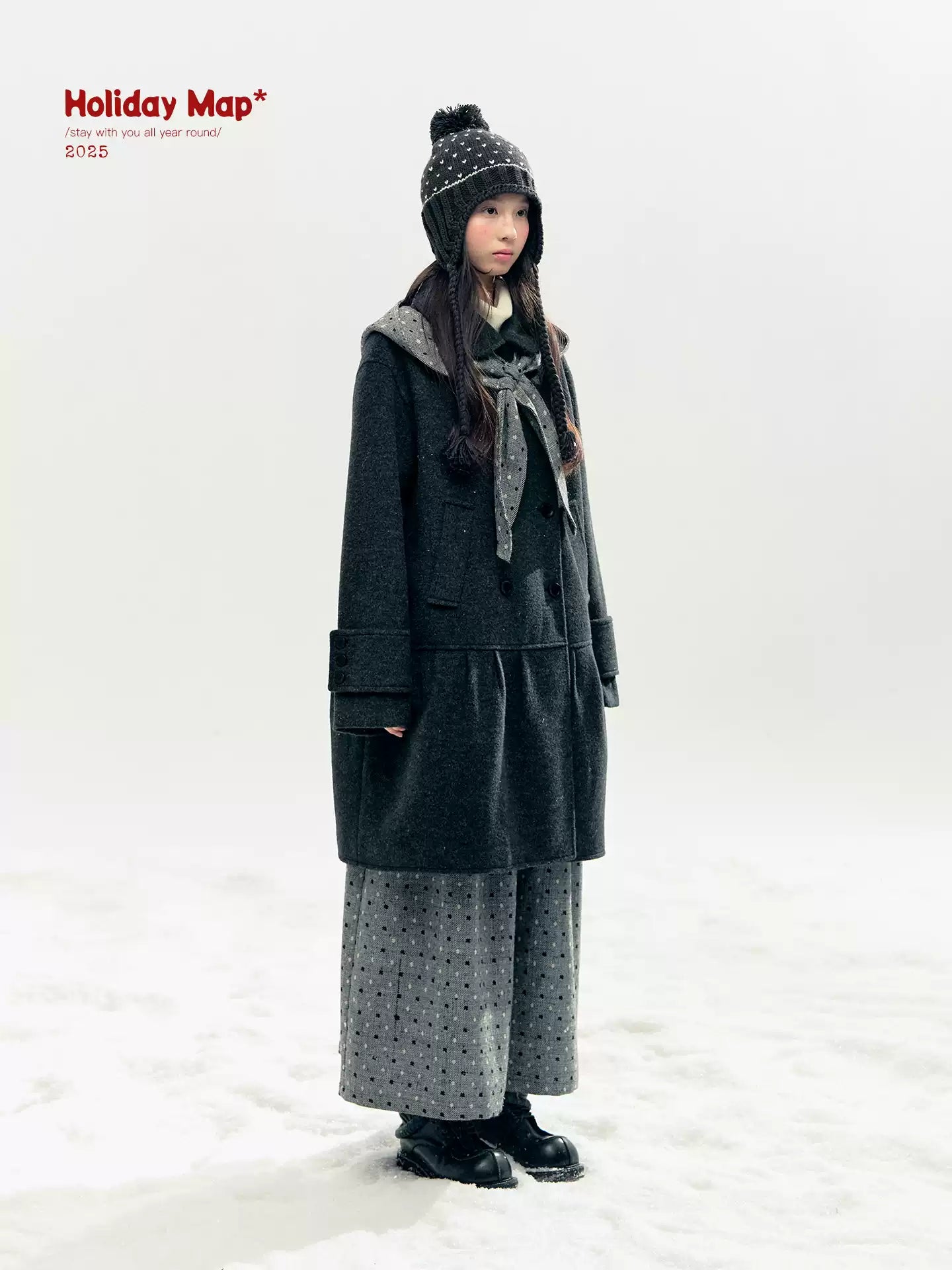 "Snowfall Polka" Charcoal Polka Dot Wool-Blend Midi Skirt