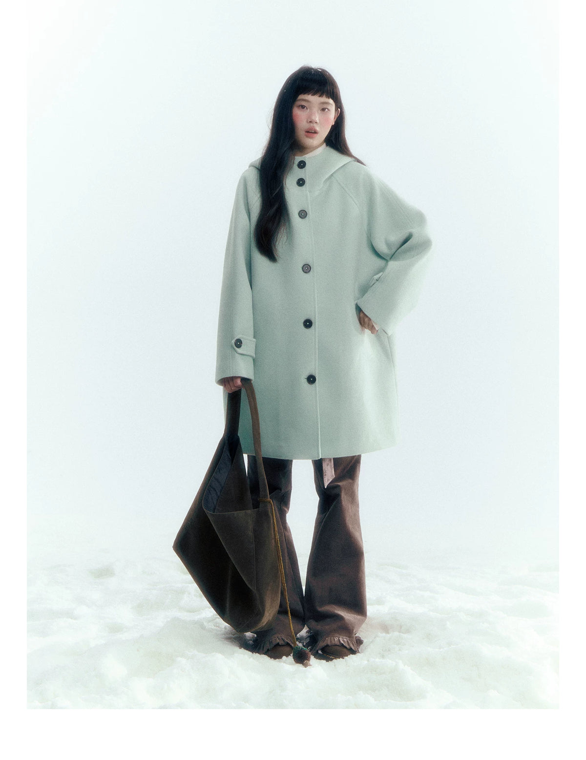 Pale Aqua Green Hooded Cocoon Wool-Blend Coat