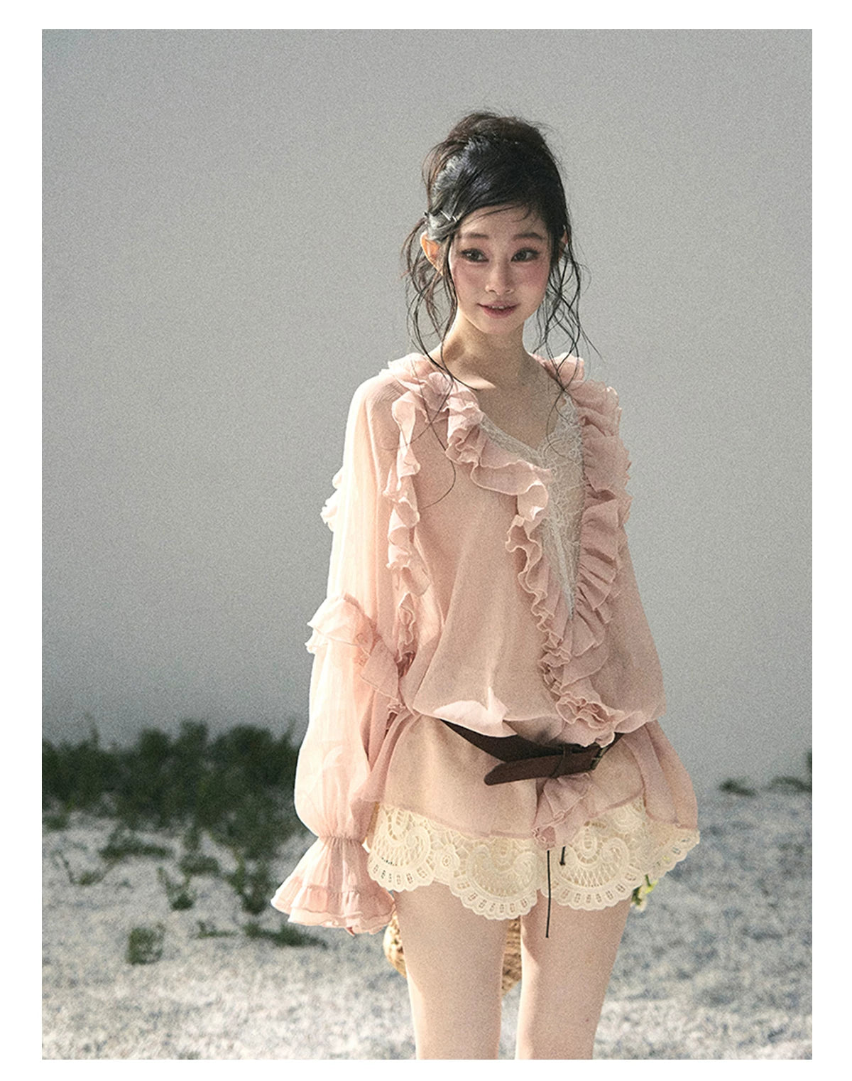 “Whispers of the Wind” Blush Pink Lace Chiffon Blouse (With Belt)