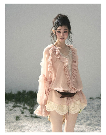 “Whispers of the Wind” Blush Pink Lace Chiffon Blouse (With Belt)