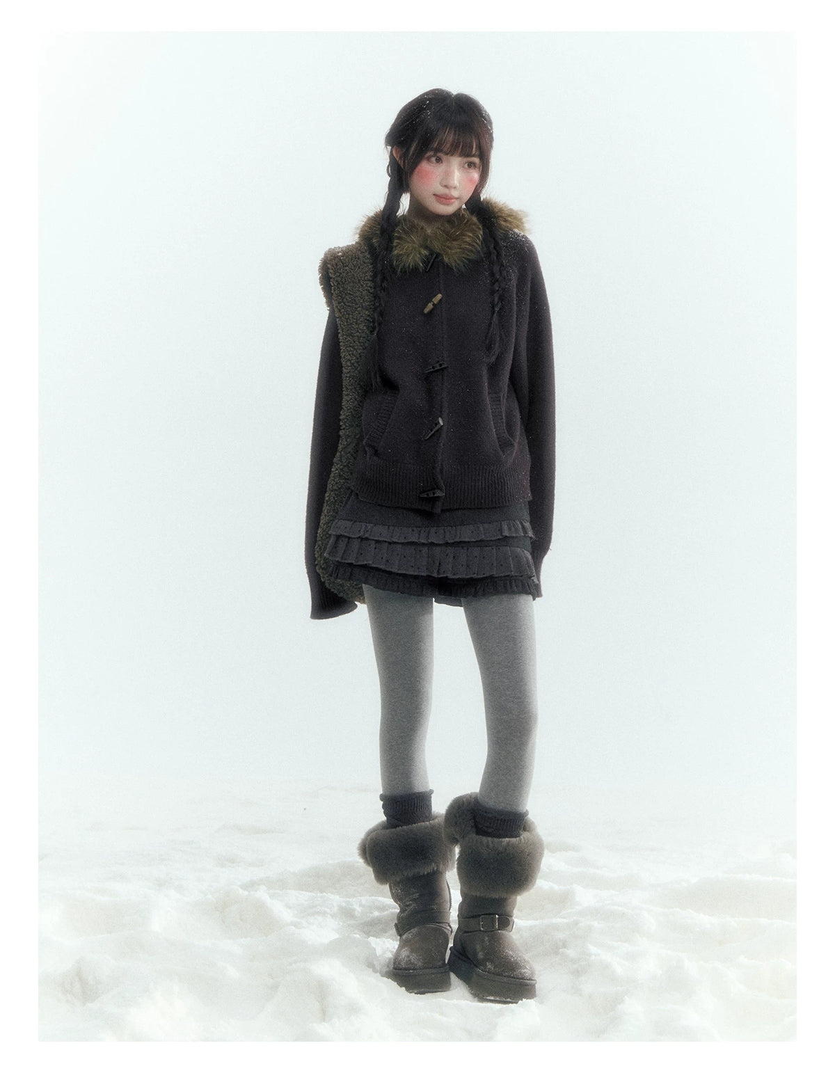 Horridale - Dark Coffee Brown Hooded Knit Cardigan with Detachable Faux Fur Collar