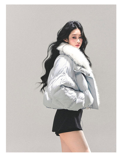 少也眼 "Silent Blue" Faux Fox Collar Down Jacket 784651