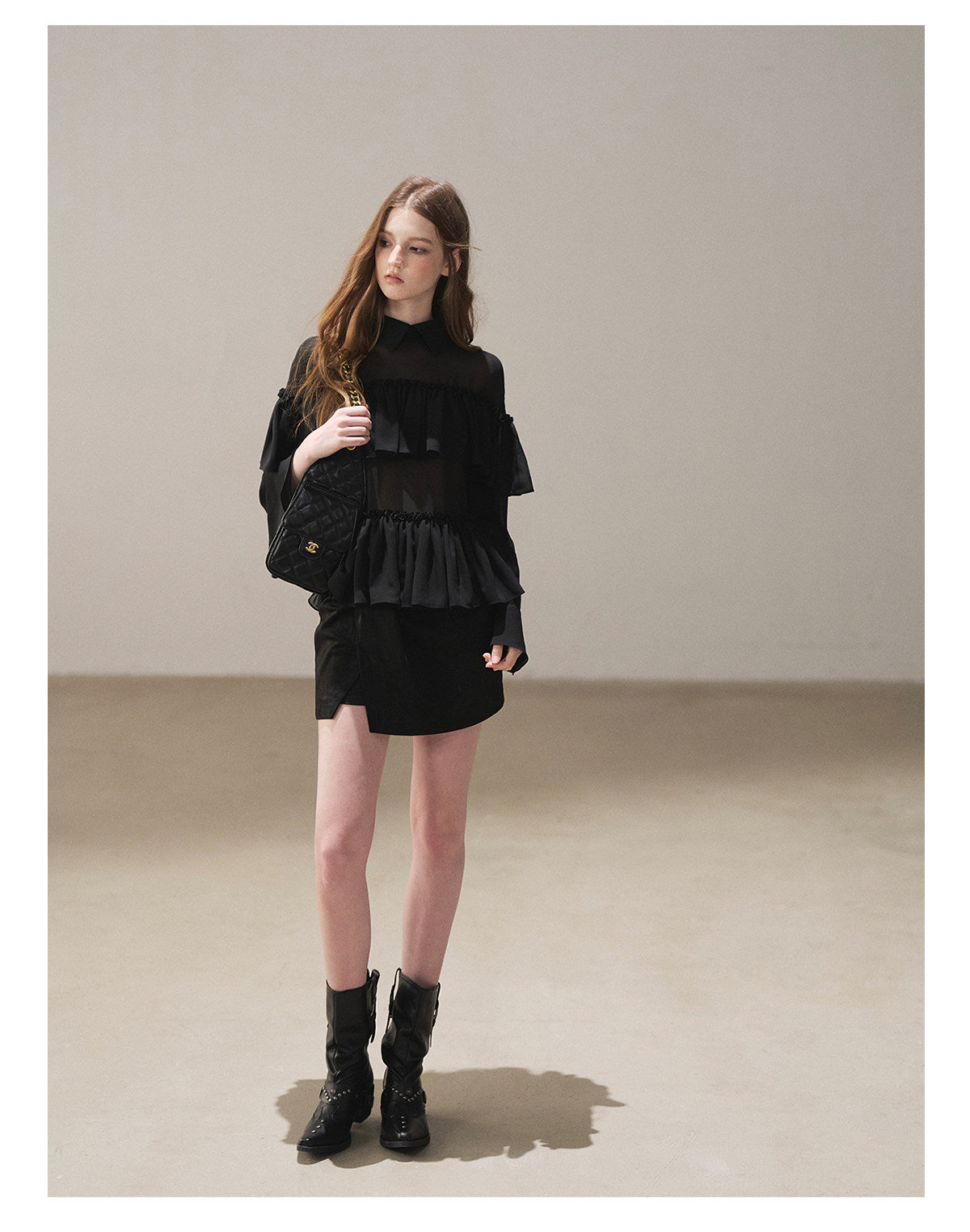 170726 "Veiled in the Evening Mist" Tranquil Black Ruffle Blouse
