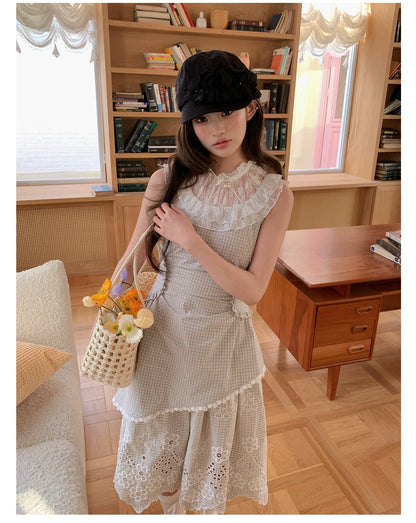 “Tea Garden Reverie” Light Apricot Plaid Embroidered Dress