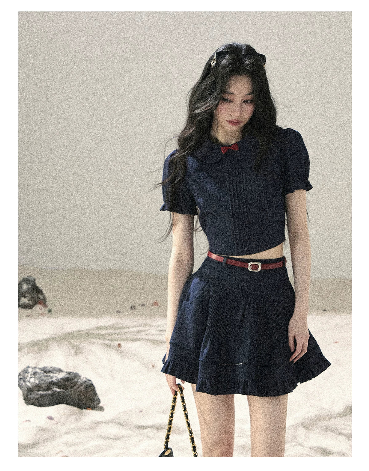 "Seaside Breeze" Navy Blue Denim Pleated Top & Mini Skirt Two-Piece Set