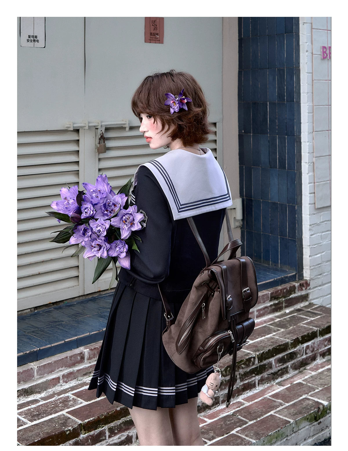 "Snow-Cleared Lily" Gray-Lilac JK Long-Sleeve Sailor Uniform Set