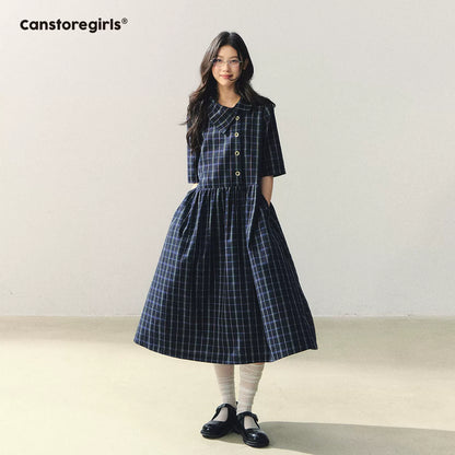 "Plaid Narrative" Asymmetric Neck Knit Midi Dress WW2026022