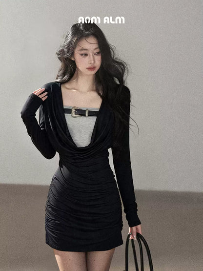 AOMALM - "Misty Shore" Quiet Black Layered Knit Mini Dress