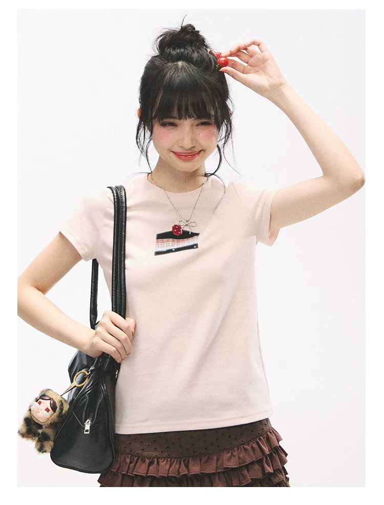 "Strawberry Shortcake Mood" Peach Pink Patchwork Cake Graphic Cotton Tee