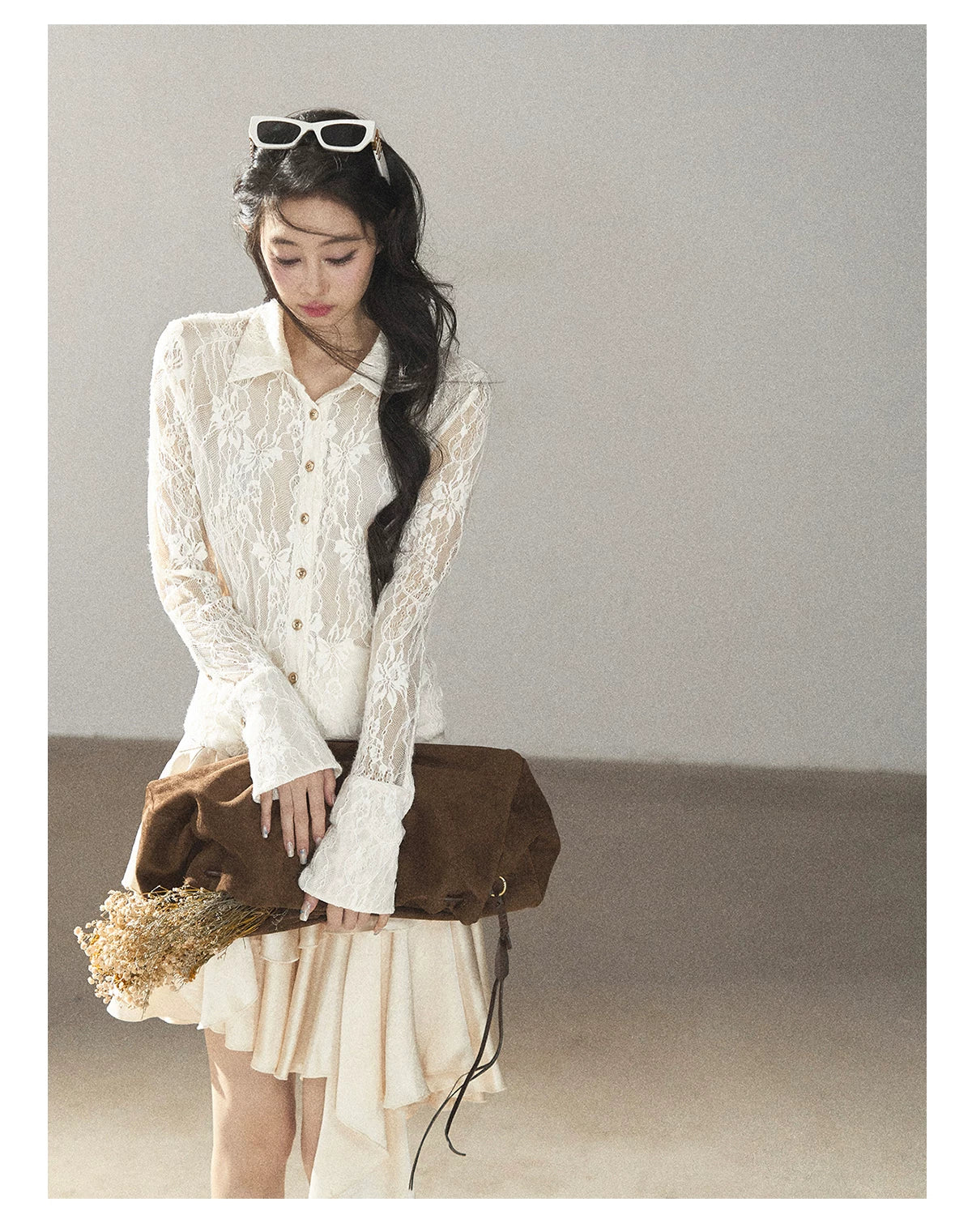 AOMALM - "Vine Texture" Dutch Cream French Lace Polo Collar Cutout Cropped Top