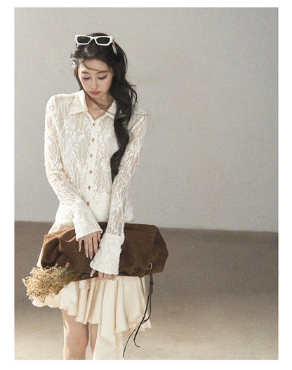 AOMALM - "Vine Texture" Dutch Cream French Lace Polo Collar Cutout Cropped Top