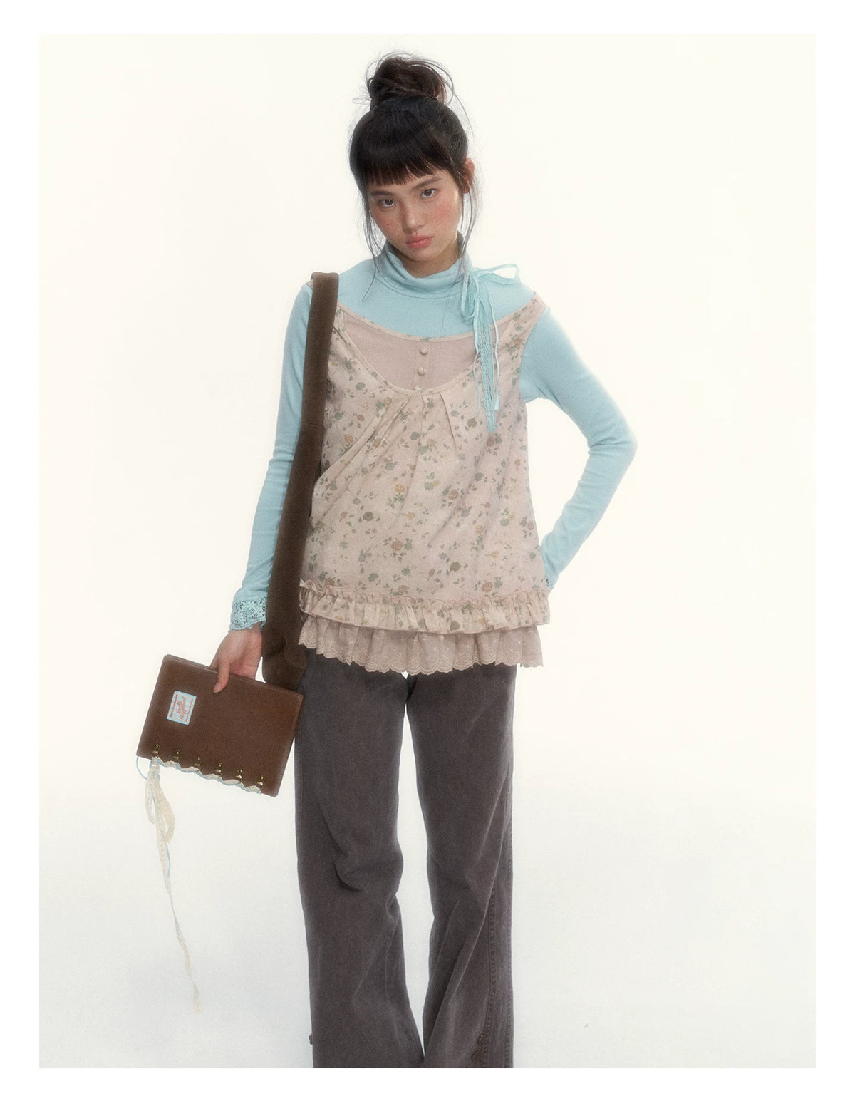 “Mint Milk Pudding” Mint Blue Lace-Trimmed Mock Neck Knit Top