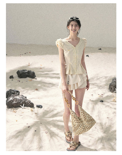 “Untouched Ivory” Milkshake Yellow Lace Puff Sleeve Blouse