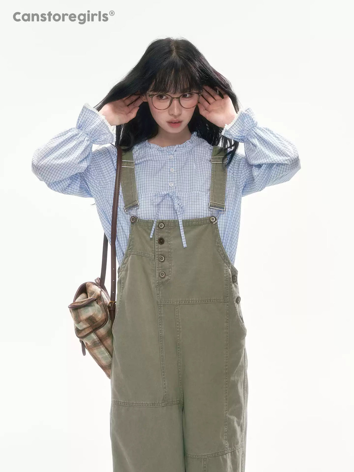 [CAN] Olive Green Floral-Trim Cargo Overalls