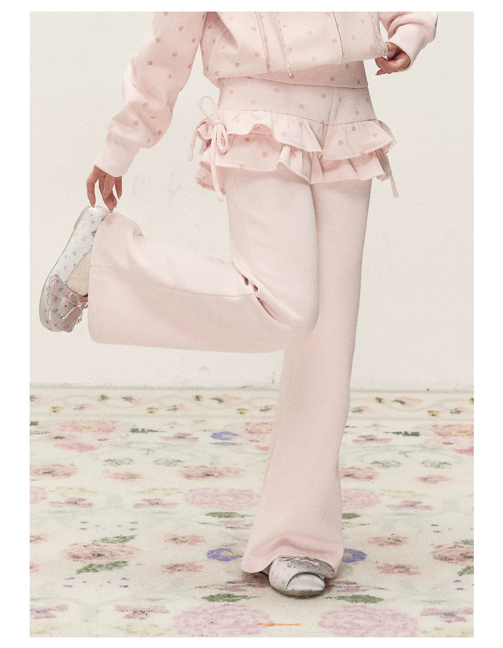 [RF] Polka Dot Hoodie and Pants Set with Zip Closure in Soft Pink