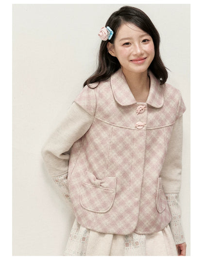 [RF] Pink Gingham Wool Blend Cropped Coat with Peter Pan Collar