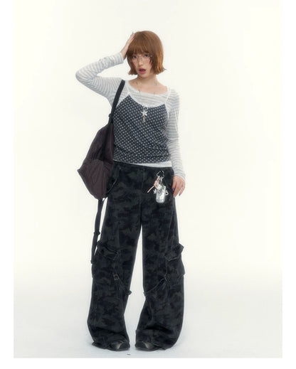 Camouflage Washed Wide-Leg Utility Pants