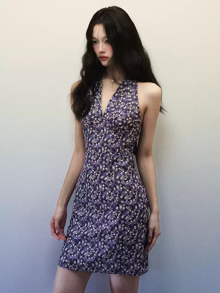 1P - Purple Floral Halter V-Neck Mini Dress
