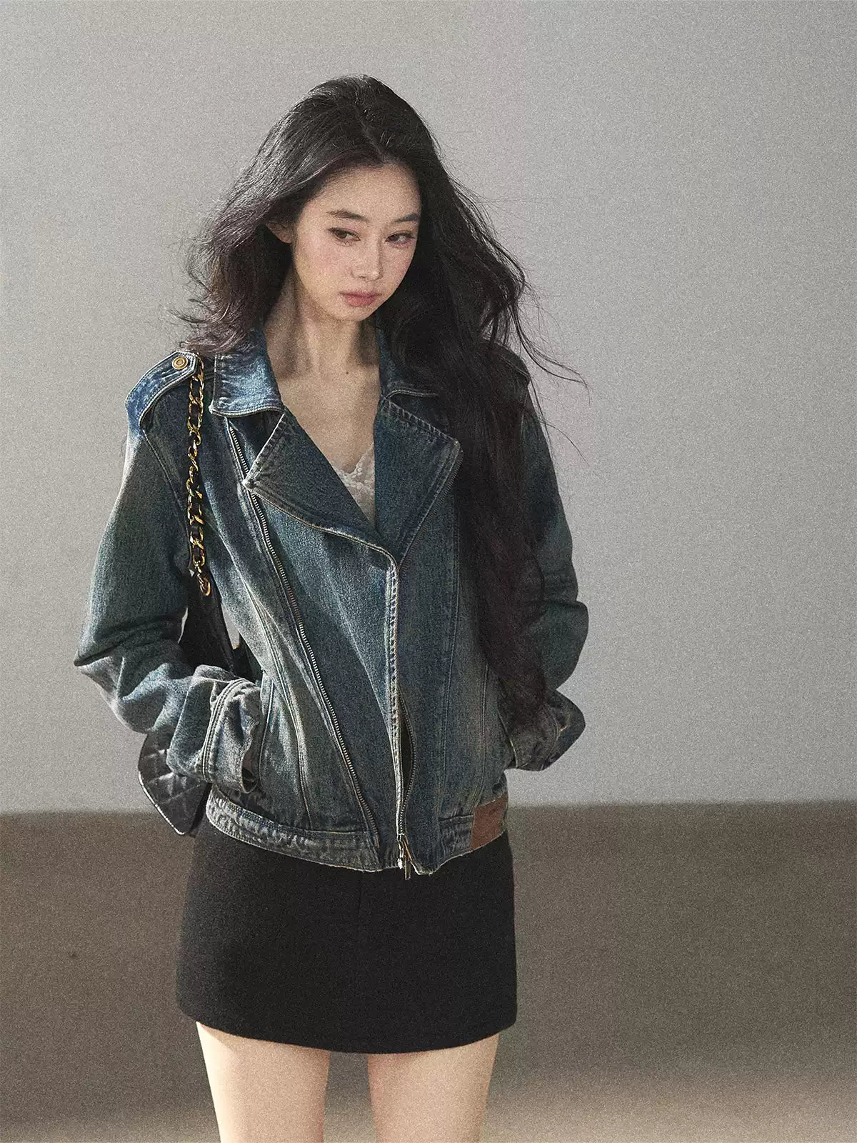 AOMALM - Vintage Blue Cropped Fitted Denim Jacket