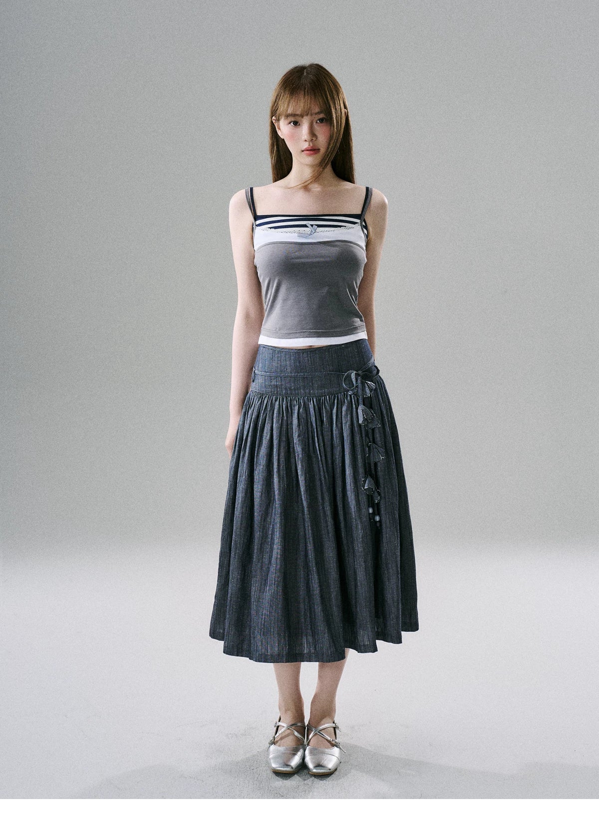 LOST FOREST - Flower Belt Striped Midi Dress (Natural Hemp / Blue Stripe / Orange Stripe)