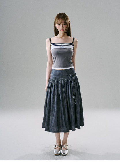 LOST FOREST - Flower Belt Striped Midi Dress (Natural Hemp / Blue Stripe / Orange Stripe)