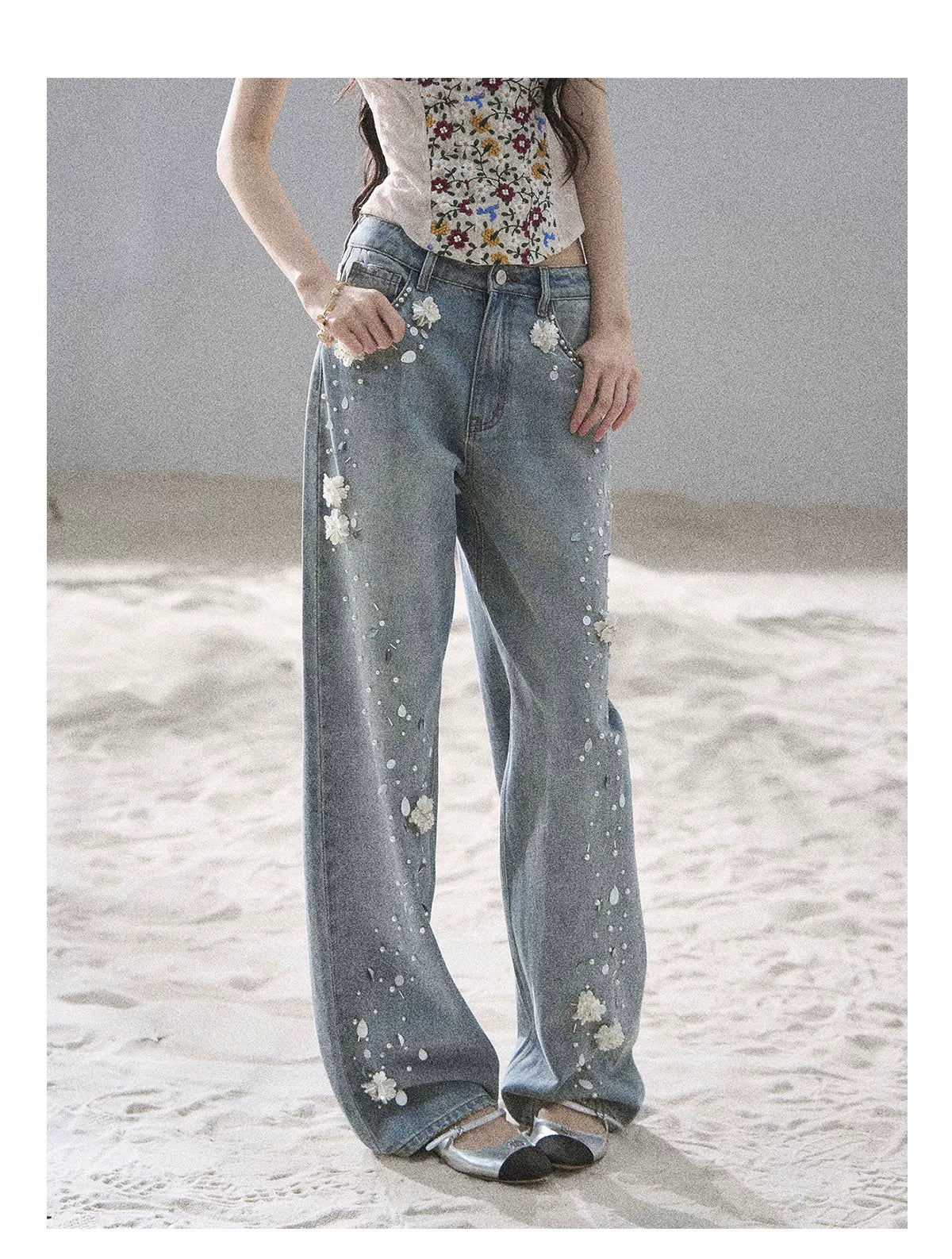 "Starlit Grace" Mist Blue Handmade Floral Wide-Leg Jeans