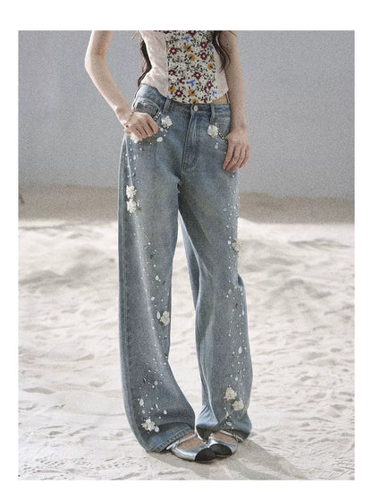 "Starlit Grace" Mist Blue Handmade Floral Wide-Leg Jeans
