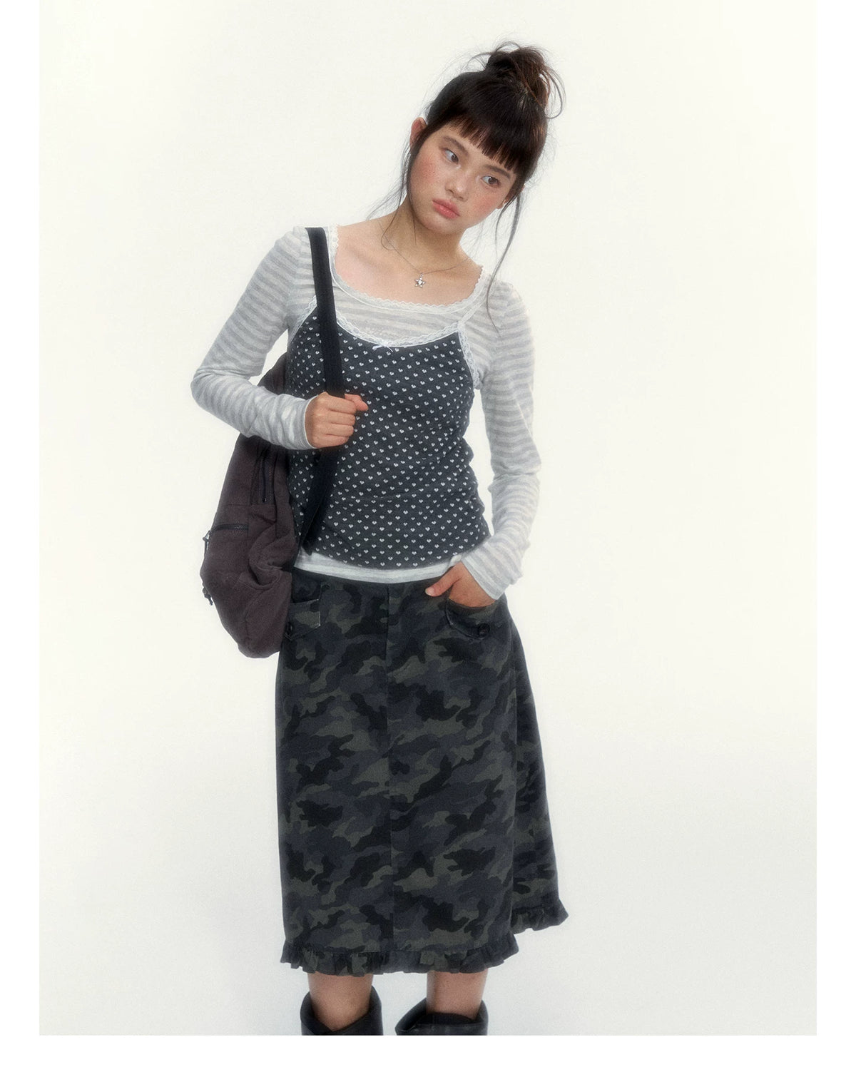 “Heart Dot” Charcoal Polka Dot Lace Trim Fitted Knit Cami