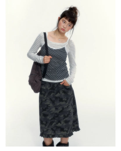 “Heart Dot” Charcoal Polka Dot Lace Trim Fitted Knit Cami