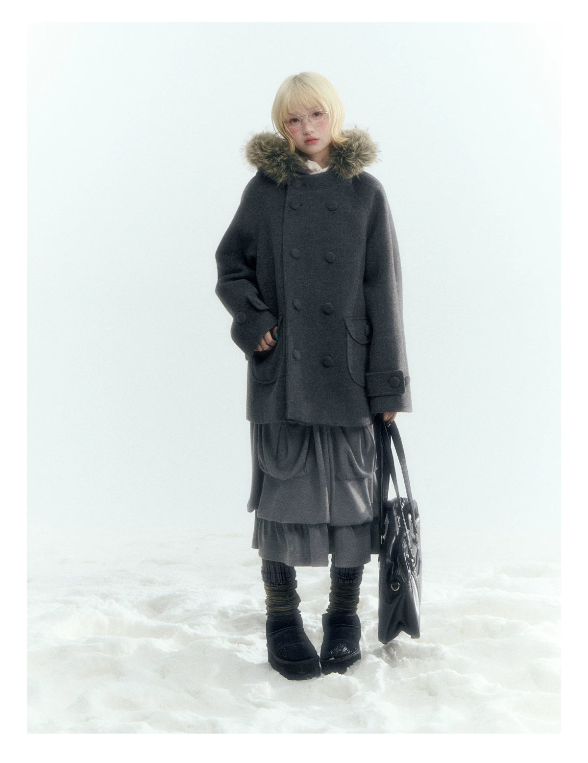 Japanese Hooded Double-Breasted Wool Coat (Deep Charcoal Gray / Taro Purple)