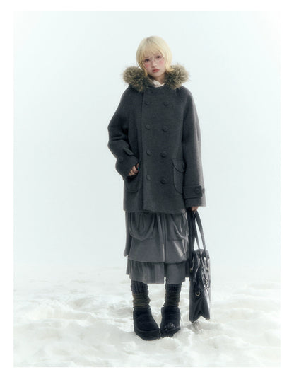 Japanese Hooded Double-Breasted Wool Coat (Deep Charcoal Gray / Taro Purple)
