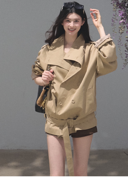 OAKMOO/ Belted Double-Breasted Trench Jacket (Deep Black / Hazel Khaki)