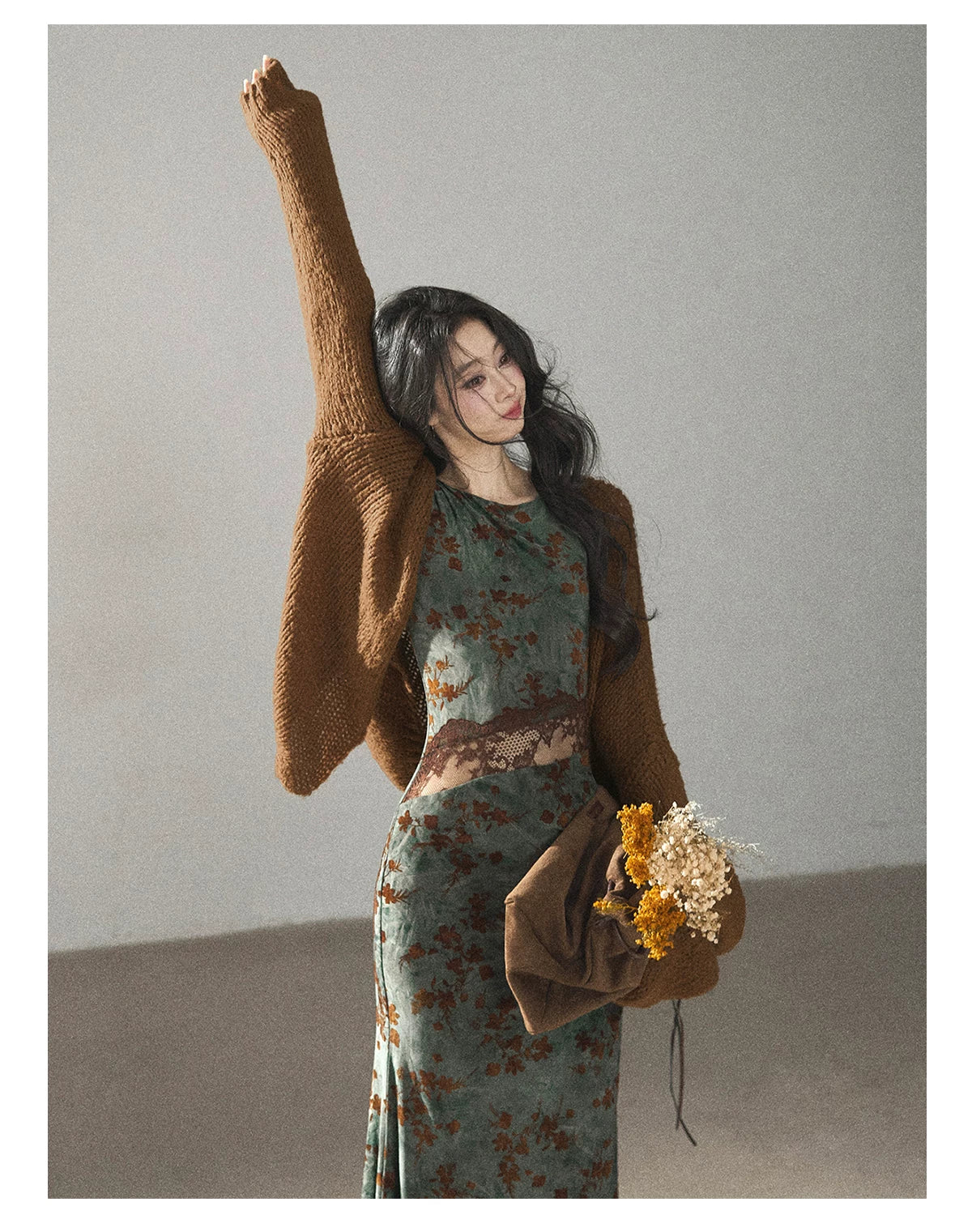 AOMALM - Olive Green Lace Floral Mermaid Maxi Dress