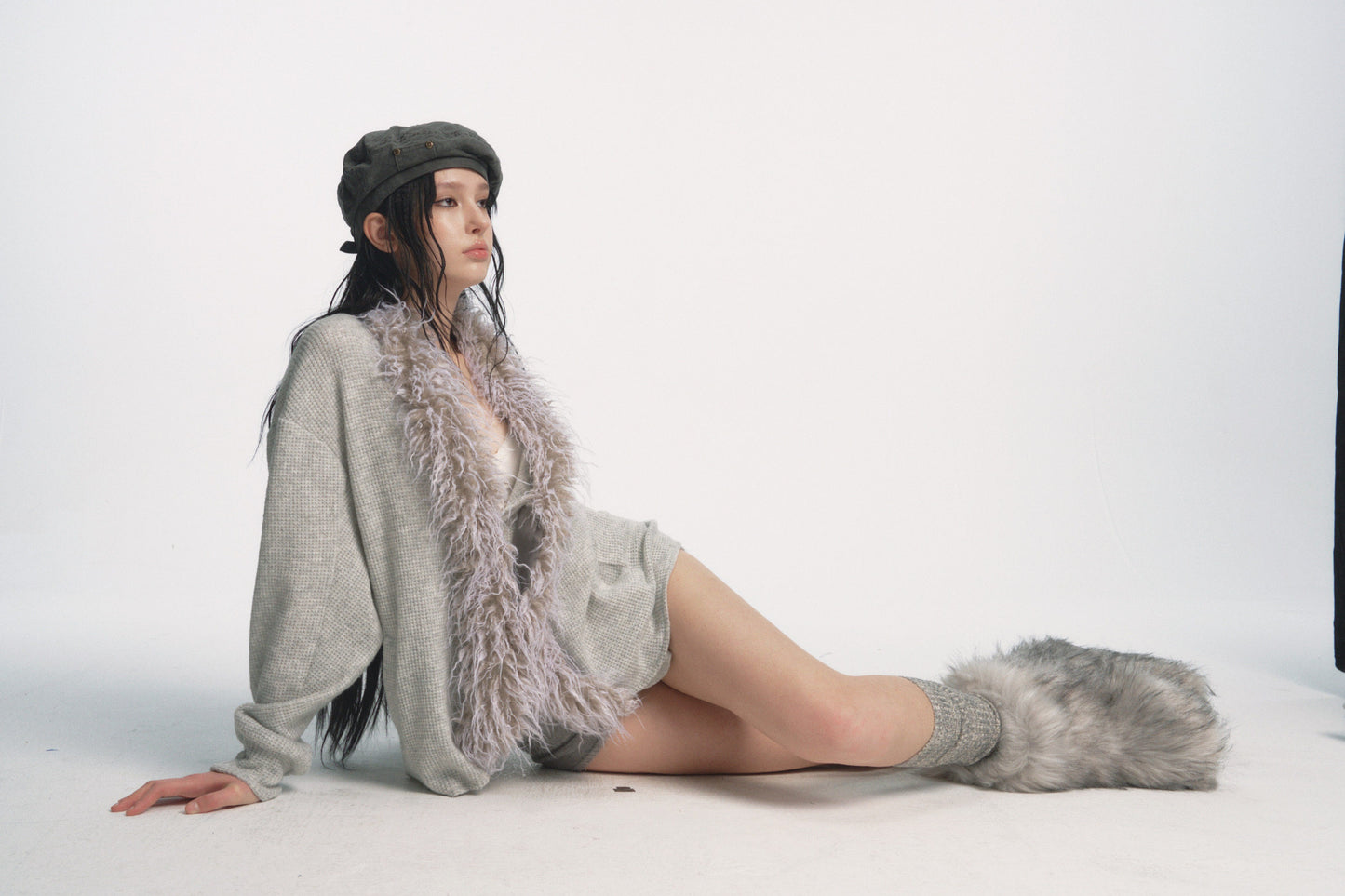 Muirgen - Ice Grey Waffle-Knit Wool Cardigan Jacket with Faux Fur Collar