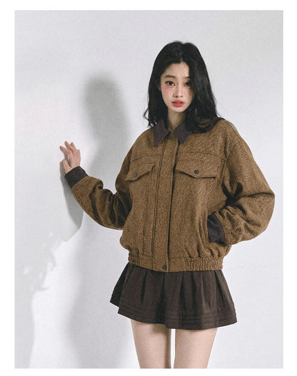 少也眼 "Falling Wutong Leaves" Hepburn Wool Tweed Two-Piece Set - Coffee Brown