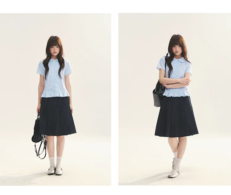 "Citrus Sea Salt" Stripe Lace Peter Pan Collar Pleated Shirt (White Blue / Blue White)