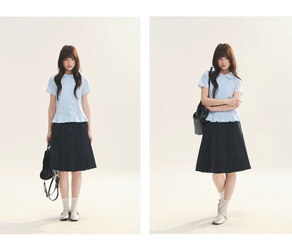 "Citrus Sea Salt" Stripe Lace Peter Pan Collar Pleated Shirt (White Blue / Blue White)