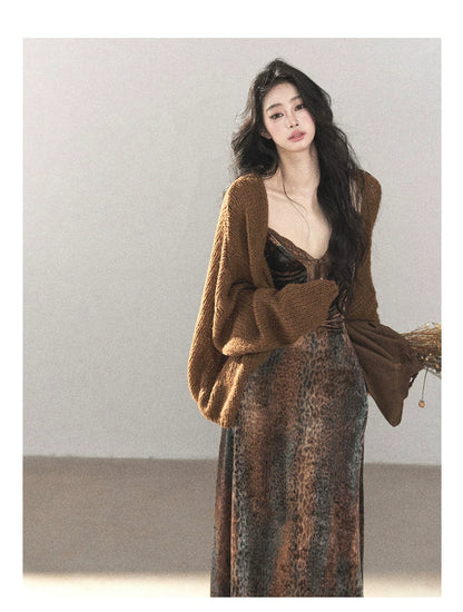 AOMALM - "Draped in Wild Wind" Cocoa Brown Leopard Flocked Bias-Cut Mermaid Maxi Dress (With Matching Hair Tie)