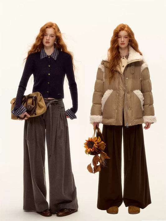 ASGONY - Pleated Wide-Leg Trousers with Detachable Tie (Gray / Brown)