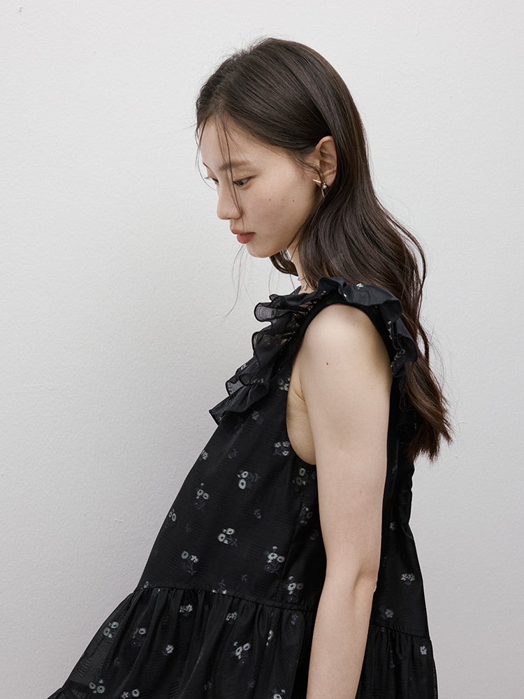 FUSSED Dropping Flora Burnout Floral Babydoll Dress – Dark Blue Short Version FOF-25SS036b